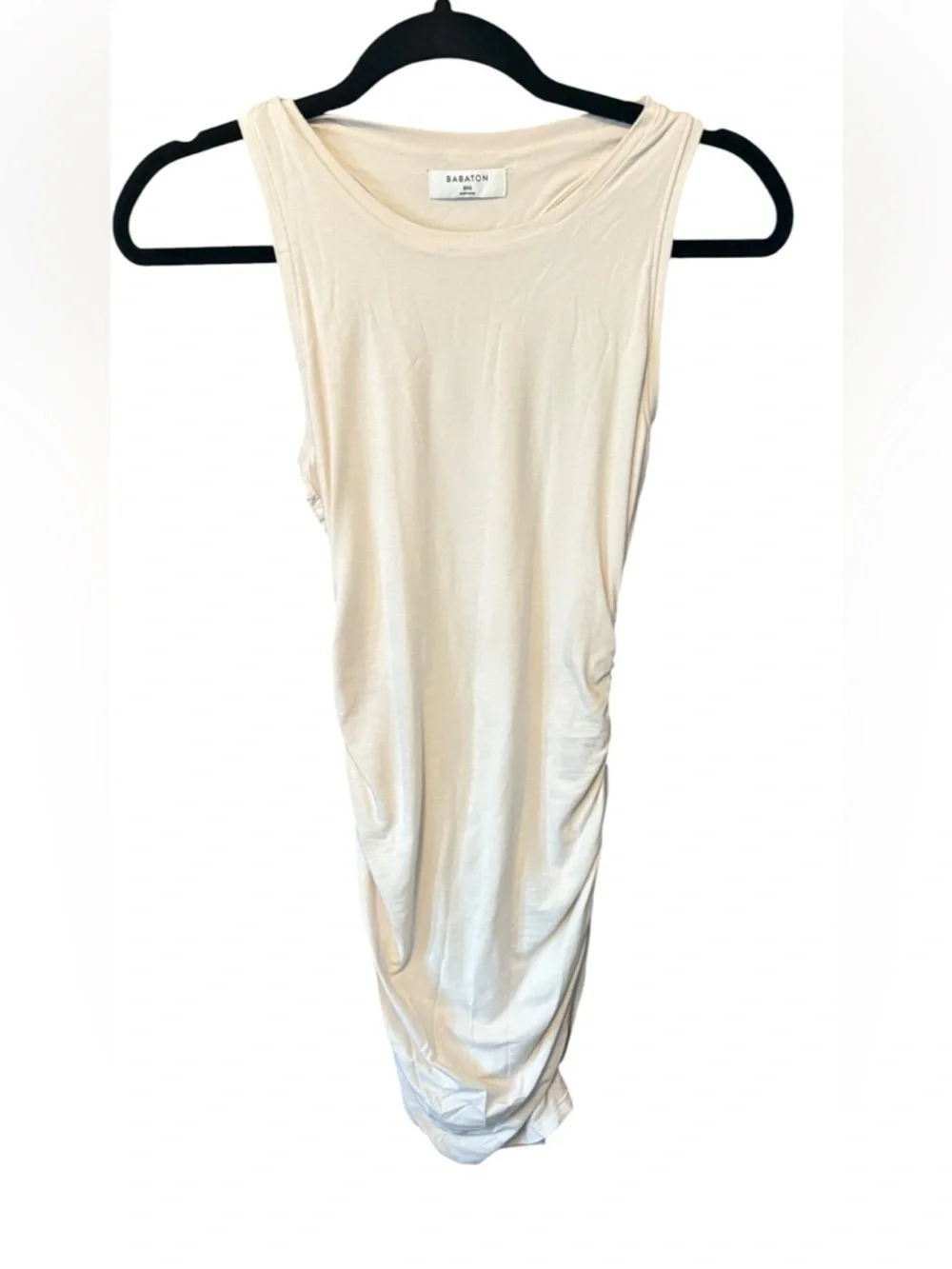 BABATON Aritzia Ruched Bodycon Midi Dress Nude Cream Sleeveless XXS Minimalist